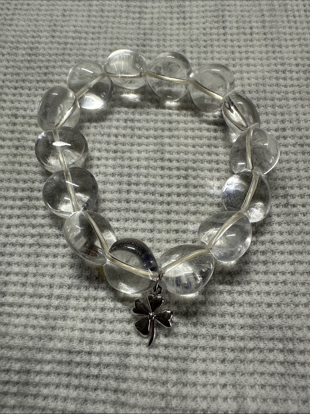 Clear Quartz Bead Bracelet with Sterling Silver Clover Charm